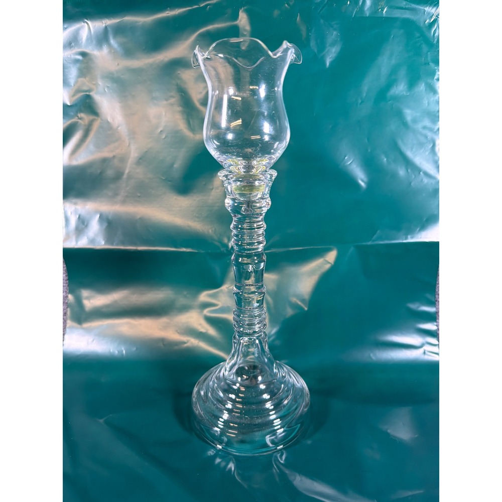 Vintage Clear Glass Ribbed Candlestick Holder with Tulip Hurricane Shade